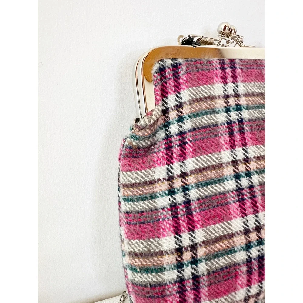 Nanette Lepore Crossbody Bag Pink Plaid Kiss Lock‎ Silver Chain Strap Small